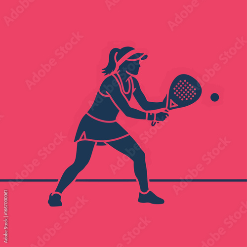 Dynamic female padel player in action, hitting the ball with racket during professional sports competition, modern design