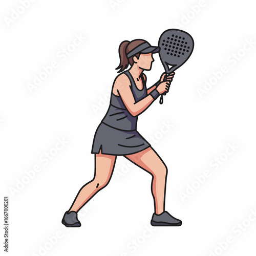 Dynamic female padel player in action, ready to hit the ball, showcasing professional sports and active lifestyle, perfect for fitness and wellness content