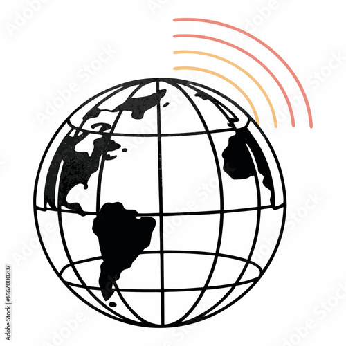Vector art of stylized black and white illustration of a globe with radio waves emanating from it, symbolizing global communication and broadcasting