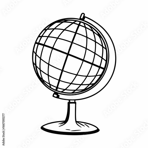 Vector art of black and white illustration of a globe on a stand, representing geography and global knowledge
