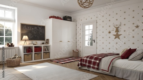White minimalist minimalist child bedroom with felt reindeer and modular cube storage and chalkboard wall for US homes