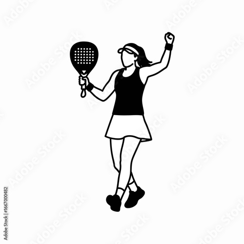 Dynamic female padel player celebrating victory with racket in hand, expressing joy and achievement, modern sports illustration
