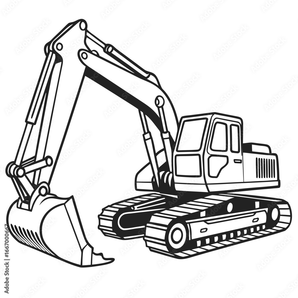 Fototapeta premium Detailed outline drawing of a powerful excavator machine ready for construction work