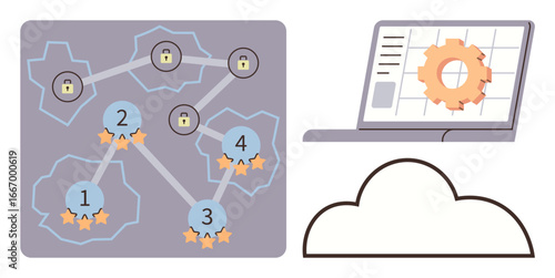 Secure network map with checkpoints, stars, and locks next to a laptop displaying a cogwheel for data processing. Ideal for technology, cybersecurity, cloud computing, data analysis, networking