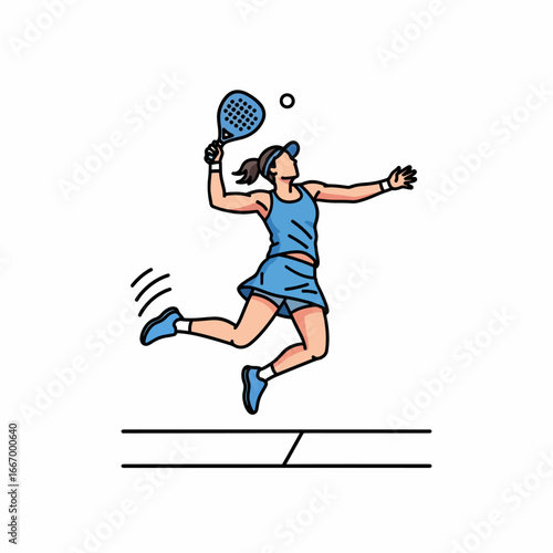Dynamic illustration of a woman playing padel, poised to hit the ball with her racket, showcasing athleticism and sporting action in vibrant style