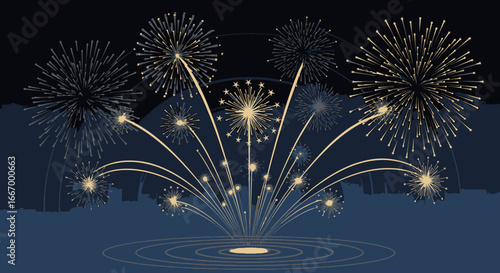 Vibrant fireworks explode across a dark night sky, creating a spectacular celebration display.