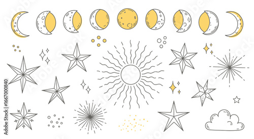 Whimsical celestial doodle set featuring moon phases, stars, sun, and clouds for magical designs