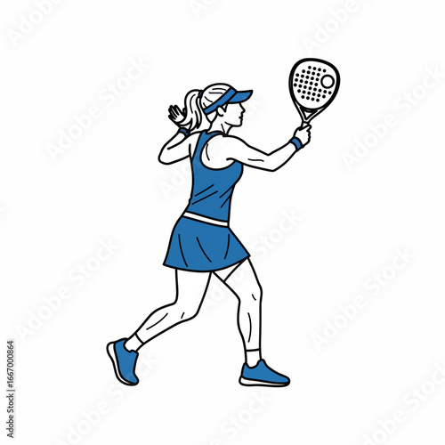 Dynamic woman playing padel with powerful swing, showcasing athleticism and competitive spirit in vibrant sports action