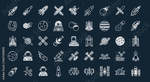 Explore the cosmos with this stunning collection of modern space exploration icons for your projects.