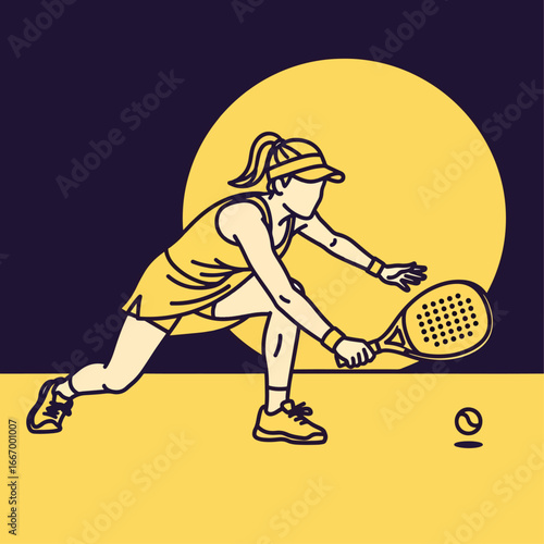 Dynamic female athlete in action reaching for a paddle tennis ball with focused intensity and graceful movement, capturing the thrill of sport and athletic pursuit.