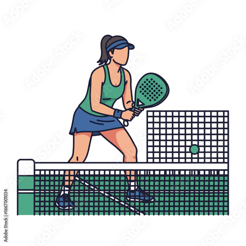 Dynamic female athlete skillfully playing padel tennis, poised for action on the court with racket ready, capturing the excitement of the sport.
