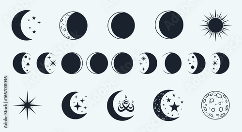 Discover celestial beauty with stunning moon phases, stars, and sun graphics for cosmic designs