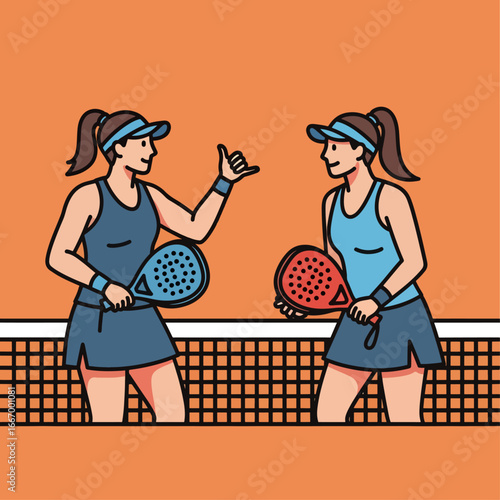 Two smiling female padel players in athletic wear holding rackets and interacting over a net on a bright court, conveying teamwork and friendly competition.