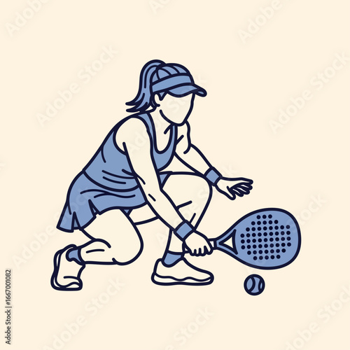 Dynamic female padel player in action, poised to hit ball with racket, showcasing athletic skill and competitive spirit on court