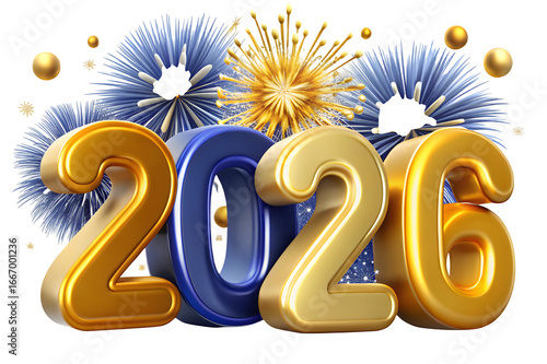 Golden and blue 3d numbers 2026 with fireworks and balloons isolated on transparent background
