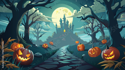 Spooky halloween night scene with a full moon and silhouetted elements