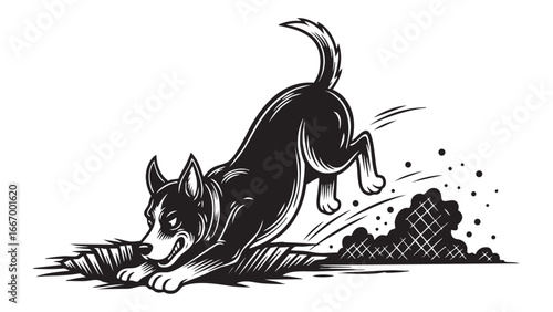 Dynamic dog leaping over obstacle in black and white illustration with determined expression