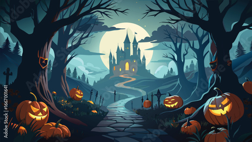Spooky halloween night scene with a silhouetted tree and a bright full moon