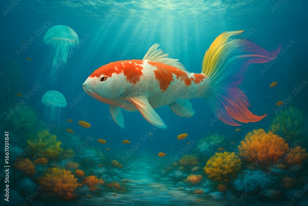 Naklejka premium A colorful koi fish swims gracefully underwater near jellyfish amidst a vibrant coral reef with sunlit rays
