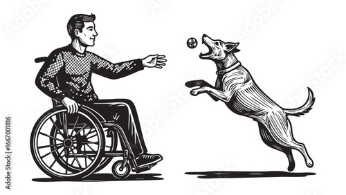 Man in wheelchair playing fetch with energetic dog, enjoying joyful outdoor activity together