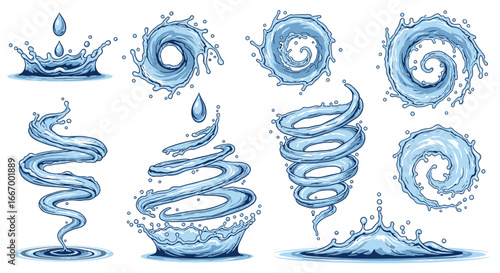 Dynamic blue water splashes and swirls capture liquid's vibrant motion and refreshing energy