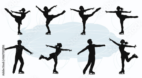 Graceful figure skaters performing dynamic moves on a beautifully lit ice rink, capturing winter elegance.