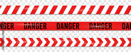 Caution tape set. Realistic warning tapes red and white stripes. Warning ribbons for construction area, crime scene or danger zone. Police cautionary stripe or barrier lines. Vector.