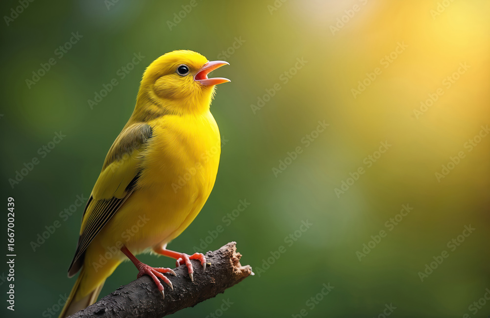 Obraz premium Bright yellow bird perched on natural tree branch. Beak open, singing joyfully in soft morning light. Vibrant scene happiness, nature melody. Blurred green background enhances bird striking color.