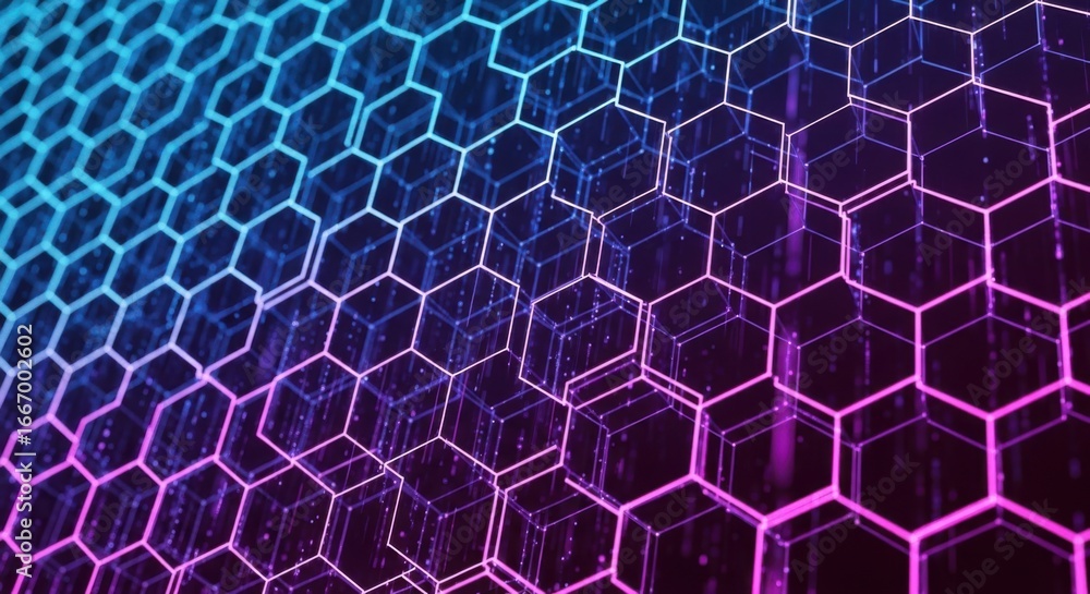 Fototapeta premium A futuristic digital network of glowing blue and purple hexagons creates a mesmerizing abstract technological background