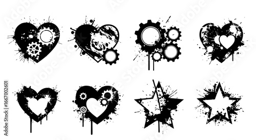 Bold grunge hearts and stars with industrial gears, dynamic ink splatters for edgy design projects