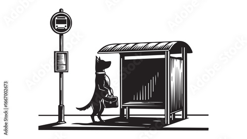 Business dog waiting for the bus with briefcase in hand, ready for work commute