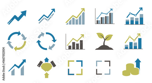 Collection of upward trending graphs, circular arrows, and growth icons symbolizing progress and success.
