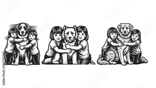 Two adorable girls lovingly embrace friendly dogs in a heartwarming black and white illustration