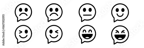 Eight Emoticon Icons in Speech Bubbles: Sad, Neutral, Happy, and Winking Faces in a 2x4 Grid