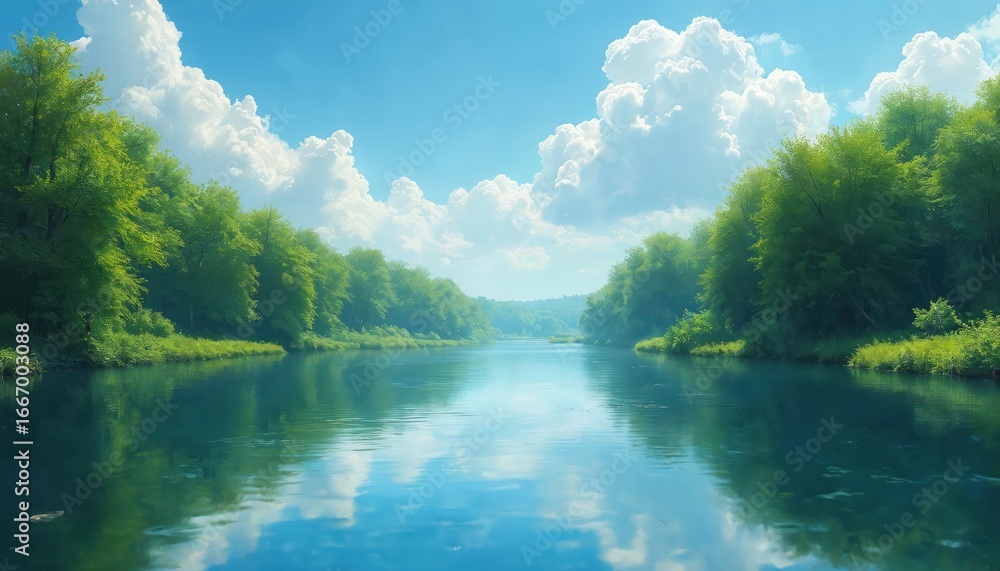 Fototapeta premium Serene river flows through green forest under bright blue sky with fluffy clouds. Vibrant reflections of trees, sky create peaceful, tranquil summer scene. Natural landscape offers calm, idyllic