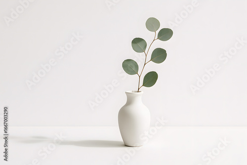 Eucalyptus Branch in Ceramic Vase: A serene close-up presents a sprig of eucalyptus gracefully placed in a minimalist ceramic vase, capturing the delicate beauty and tranquility.