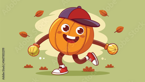 Cheerful anthropomorphic pumpkin character with autumn elements and festive feel