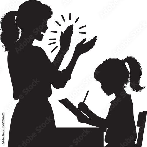 Silhouette of Woman Praising Girl Studying, Parenting, Education and Positive Learning Concept