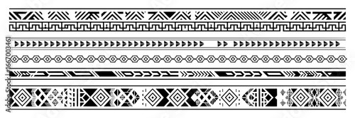 Set of Five Black and White Geometric Tribal Design Borders