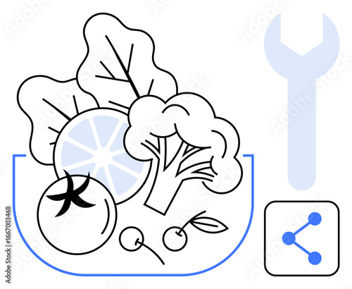 Fresh vegetables including tomato, broccoli, lettuce, and citrus slice in a bowl accompanied by a wrench and technology icon. Ideal for health, cooking, nutrition, customization, sustainability