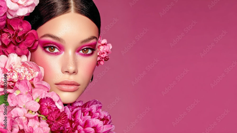 Fototapeta premium Floral makeup portrait with vibrant pink hues