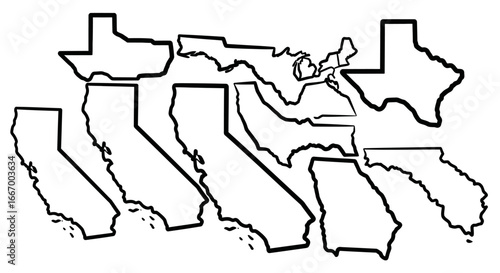 Discover America's iconic states with these bold outline maps perfect for travel and design projects