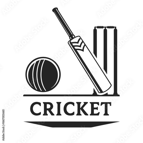 Iconic cricket emblem with bat ball wicket and stars symbolizing sport victory