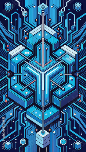 Intricate stylized blue circuit board design with geometric patterns and connectivity elements
