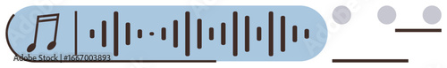 Music note, sound waves, progress bar, and dots portray audio playback. Ideal for music apps, sound design, media streaming, podcasts entertainment education technology. Simple flat metaphor