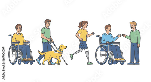 Diverse individuals embracing life, including wheelchair users, a guide dog handler, and someone with prosthetic limbs.