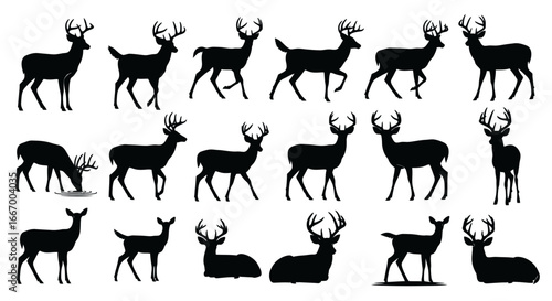 Dynamic collection of black deer silhouettes showcasing nature's elegance and wildlife beauty