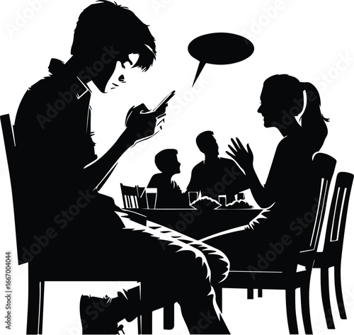 Silhouette of Family Dinner with Teen Distracted by Phone, Modern Parenting and Communication Concept