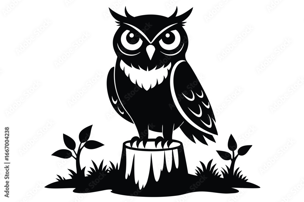 Fototapeta premium Stylized Black Owl Perched on Tree Stump with Grass and Small Sprouts Illustration