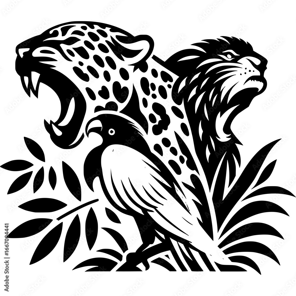 Obraz premium Majestic Wildlife Silhouette: A striking illustration showcases the primal power of the jungle, featuring a roaring jaguar and lion with a keen-eyed hawk poised among vibrant foliage.